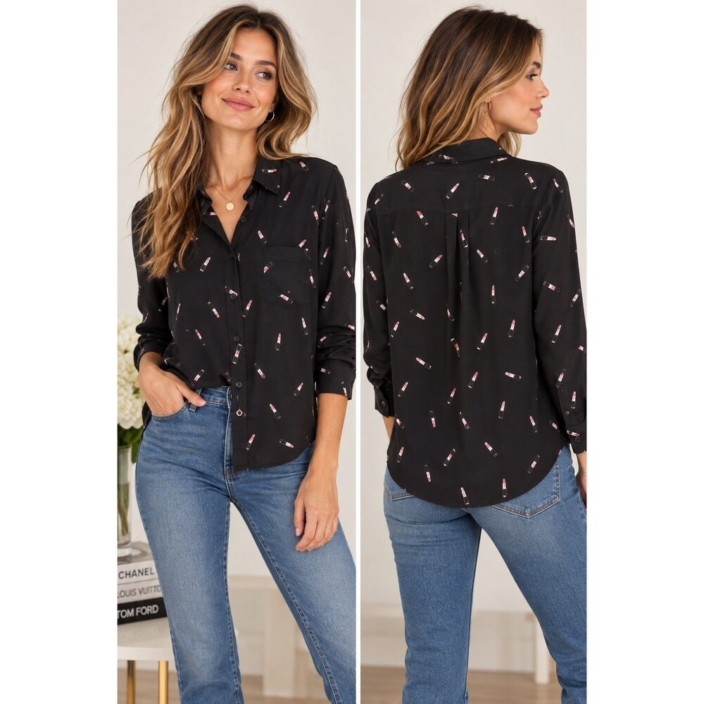 Rails Silk Shirt Women’s S Black Lipstick Print Button Down Blouse Long Sleeve